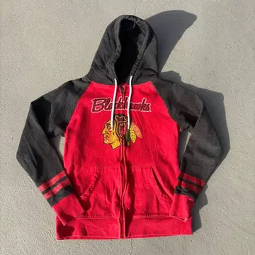 00s NHL 블랙호크스 지퍼 후드티 레드/그레이