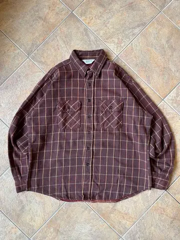 70s 80s 파이브 브라더 브라운 체크 플란넬 셔츠 XL