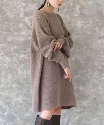 mimi memete 어른 그레이 리브 긴팔 니트 미니 원피스