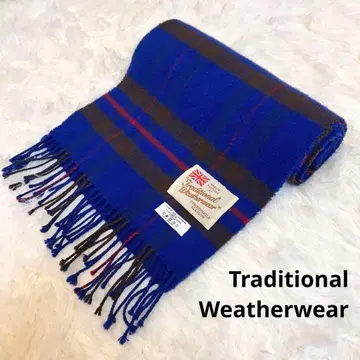 트래디셔널 웨더 머플러 울 캐시미어 혼방 블루 체크 무늬