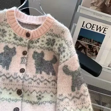 강아지 패턴 울 혼방 긴팔 가디건