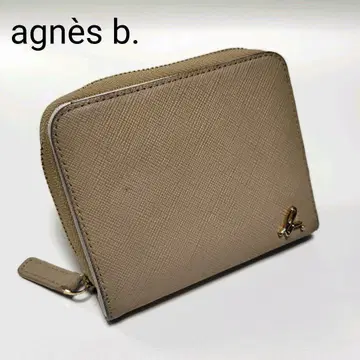 아네스베 접이식 지갑 라운드 지퍼 그레이지 화이트 가죽 금장 로고