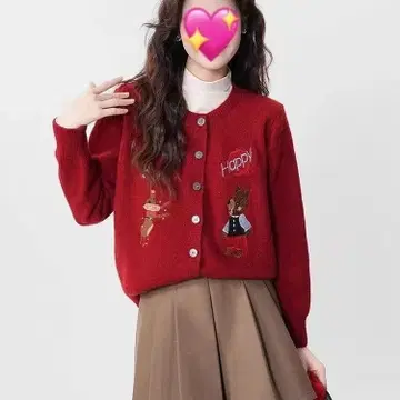 자수 디자인 빨간색 가디건 Happy
