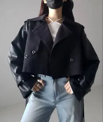 metem select 트렌치코트 인조 가죽 도킹 숏 코트