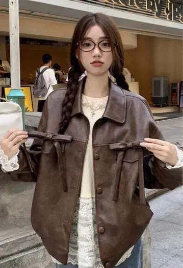 브라운 가죽풍 리본 자켓