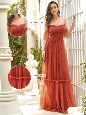 웨딩 촬영 드레스 테라코타 오프숄더 롱 튤
