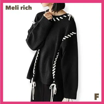 리본 스티치 바이컬러 니트 핸드 스티치 니트 스웨터 블랙 프리