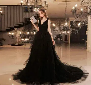 엘레강트 블랙 롱 드레스 M 사이즈 튤