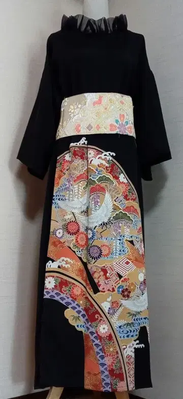 블랙 전통 예복 기모노 리메이크 원피스 엘레강트 프릴 옷깃