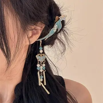 파란 깃털과 나비 헤어핀