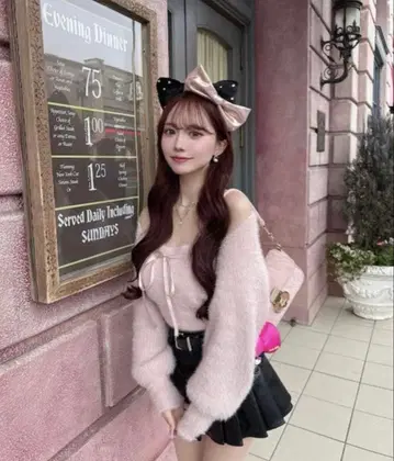 elmyu 숏 가디건+리본 베어 탑 2색 핑크