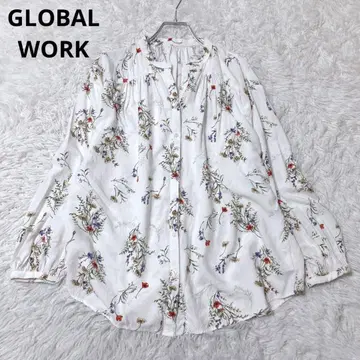 글로벌 워크 셔츠 블라우스 긴팔 상의 꽃무늬 고급 화이트