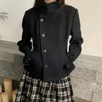 블랙 울 피코트 더블 버튼 체스터 코트 짧은 기장