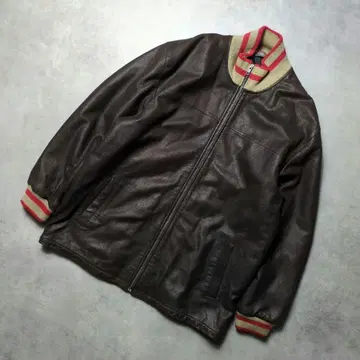 00s y2k 아카이브 양가죽 가죽 지퍼 롱 바시티 자켓