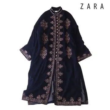 초레어 자라 벨벳 자수 롱 코트 S 다크 네이비