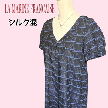 마린프랑세즈 종아리 기장 롱 원피스 실크 혼방 요트 패턴 네이비