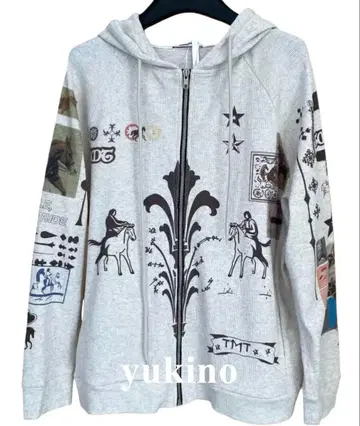 Toomuchtax 그레이 말과 별 프린트 풀 집업 후드티