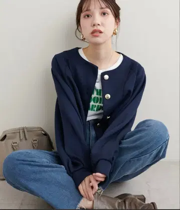 내추럴 꾸뛰르 금장 버튼 노카라 던볼 블루종 네이비