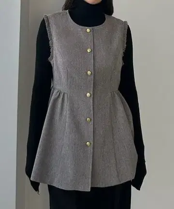 Louere 골드 버튼 페플럼 프린지 베스트 그레이 L 사이즈