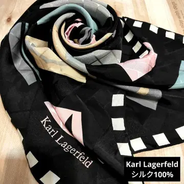 칼 라거펠트 기하학 패턴 실크 100% 블랙 스카프