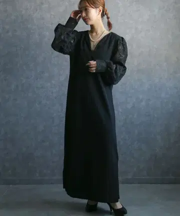 블랙 V넥 레이스 소매 롱 원피스