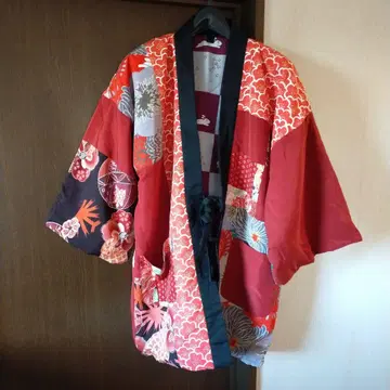 리버서블 한텐 빨간색 꽃무늬 x 보라색 화이트 체크 토끼 패턴 여성용