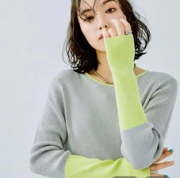 렙심 배색 니트 풀오버 만개 니트 그레이 x 라임