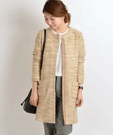 새상품급 SHIPS* 노카라 롱 코트 베이지 롱 트위드 1.9만