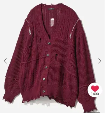 HARE BIG 데미지 ZIP 가디건 와인 레드