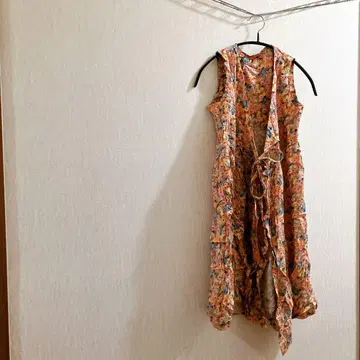 꽃무늬 슬리브리스 롱 튜닉 프론트 오픈 리본 포함 봄/여름