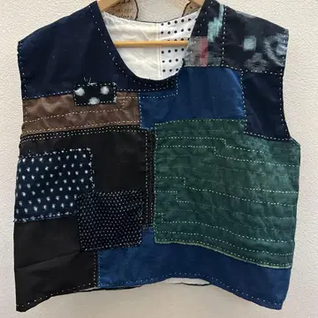 네이비 나염 빈티지 원단 자수 베스트