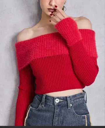 GYDA mix material 오프숄더 니트탑 빨간색 레드