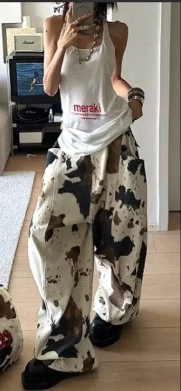 소 패턴 와이드 팬츠 L 사이즈