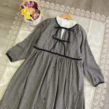 사만사 모스모스 하자품 전후 착용 파이핑 리본 깅엄 체크 원피스