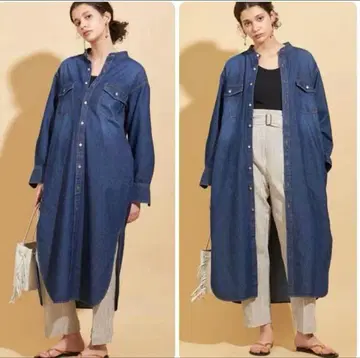 새상품급 유나이티드 애로우즈 밴드 카라 데님 셔츠 롱 원피스 블루