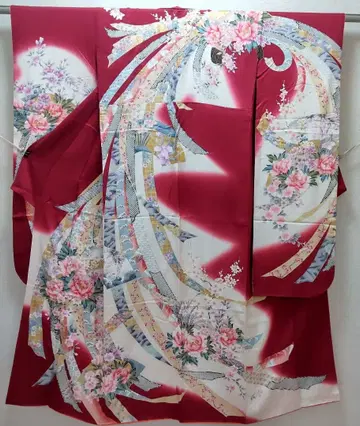 순수 실크 다발 노시 부채 사계절 꽃 후리소데 (892)