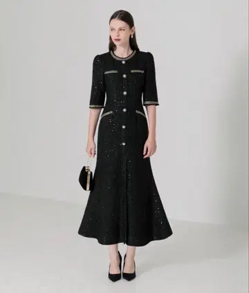 LEJA 라메 혼방 트위드 머메이드 실루엣 롱 기장 드레스 원피스