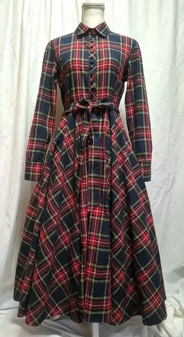 일본제 면 린넨 타탄 체크 서큘러 원피스