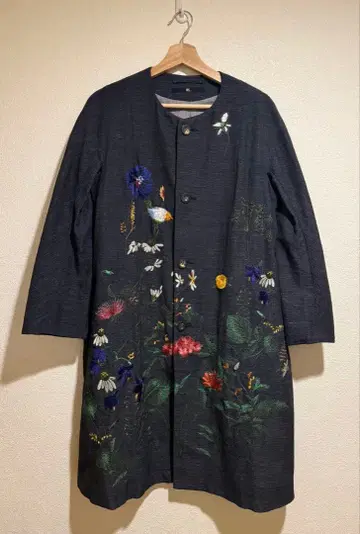 45R 인디고 기마 트위드 자수 코트 꽃 자수 다크 블루 롱 코트