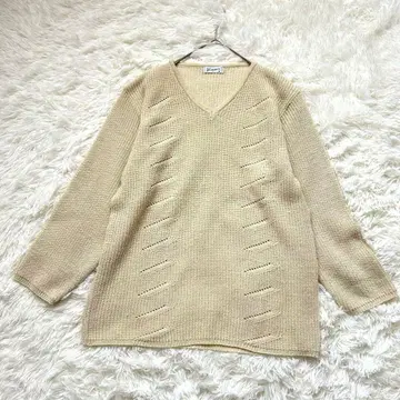 라메 믹스/V넥/긴팔 니트 스웨터/경량/베이지/고급/여성용/가을/겨울