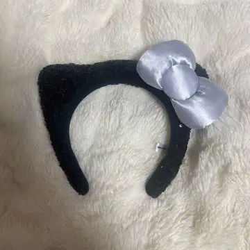 검은 고양이 귀 머리띠 실버 리본