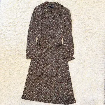 롱 원피스 쇼와 레트로 꽃무늬 올 패턴 벨트 포함 M