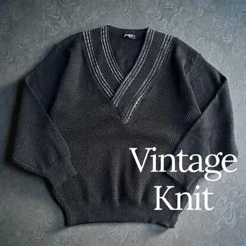 빈티지 V넥 울 니트 칠드런 니트 블랙 L 구제 의류 일본제