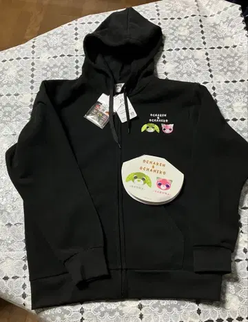 오챠이누 료쿠&오챠네코 사쿠라 속기모 지퍼 후드티 블랙 M 사이즈