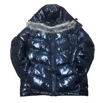 Black down jacket with fur Y2K glossy