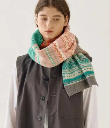 [ 컨디션 최상 ] ERIBE 엘리베 기하학 패턴 스카프 오렌지 그린 울