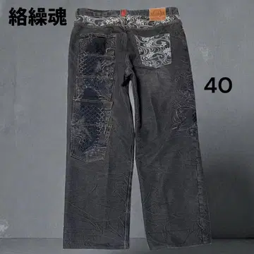 카라쿠리타마시 5개 포켓 일본풍 패턴 자수 올 패턴 데님 팬츠 40