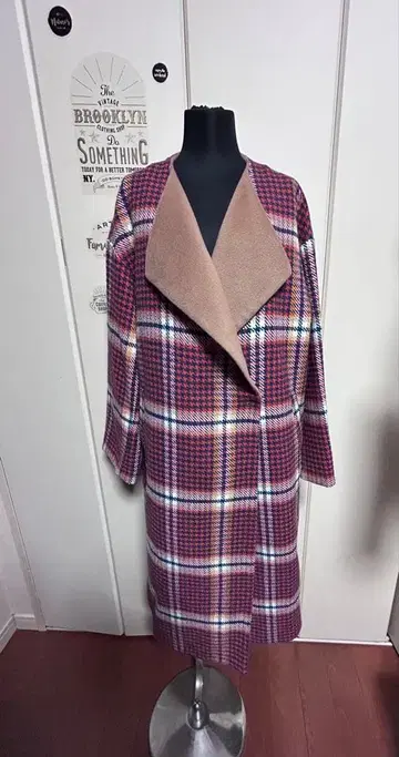 노카라 체크 배색 코트