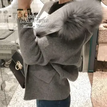 퍼 후드 그레이 집업 스웨터