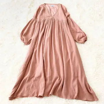 룸 306 네이비 템포 거즈 원피스 긴팔 핑크 맥시 길이